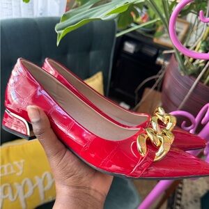 Red Patent Leather Loafers with Gold Chain